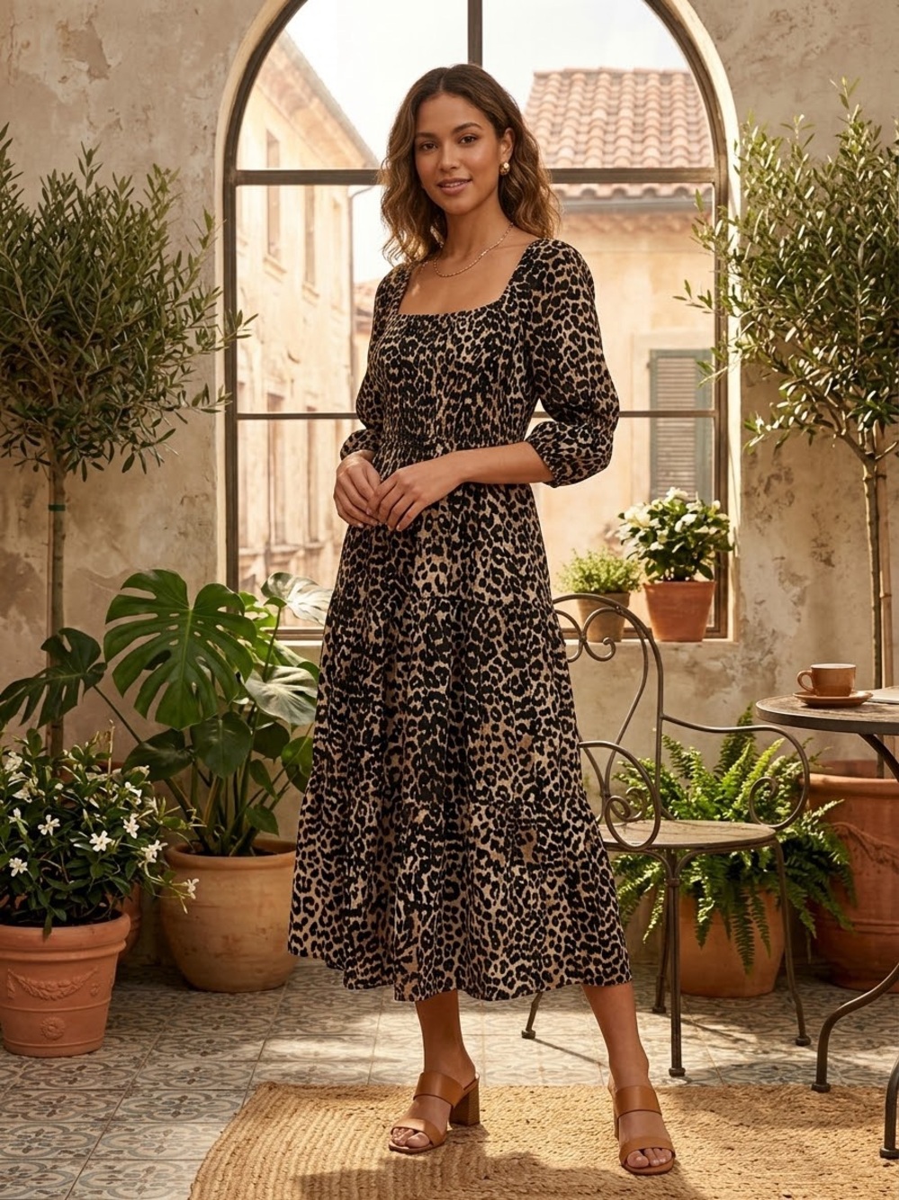 Leopard Print Midi Dress with Square Neck - Brown/Black